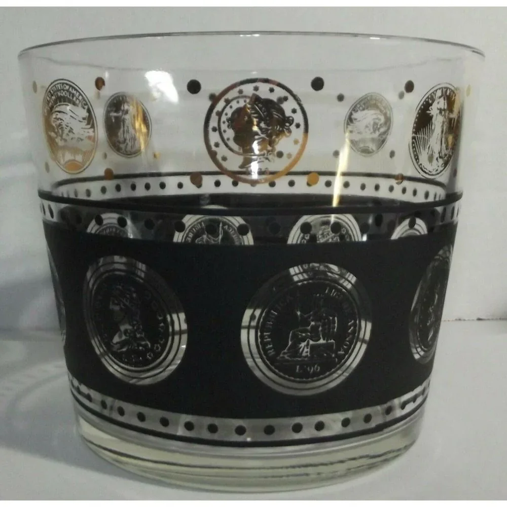 Ice Bucket Hazel Atlas MCM Vintage Black Gold World Coin Collins Glass